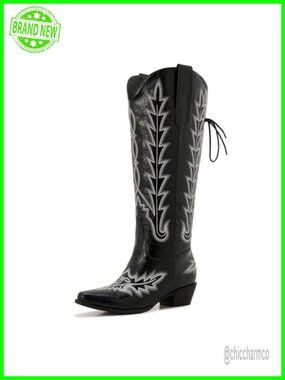 Wide Calf Cowboy Boots Knee High Lace Up Western Faux Leather
